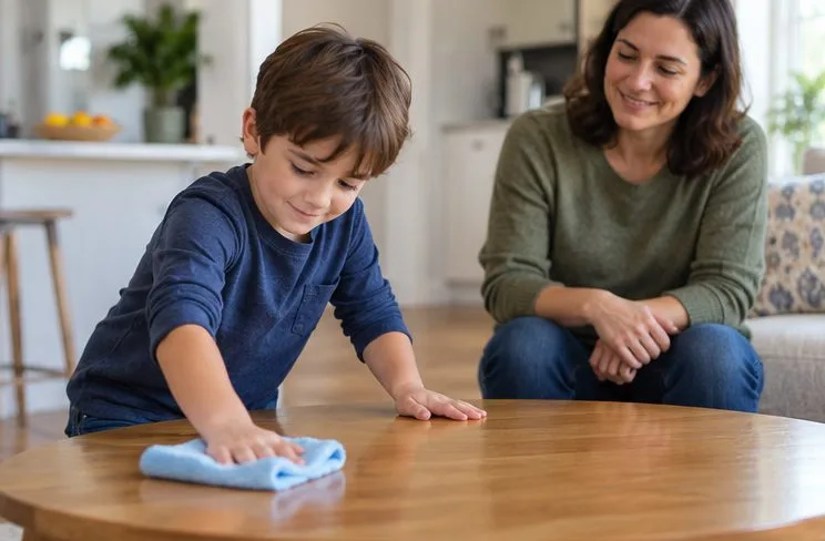 A child wipes a wooden table while a parent watches nearby without taking over.