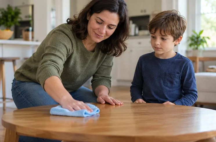 A parent demonstrates wiping a kitchen table with a cloth while a school-age child watches.