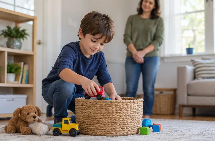 A child places toys into a low basket as a parent observes from across the room.