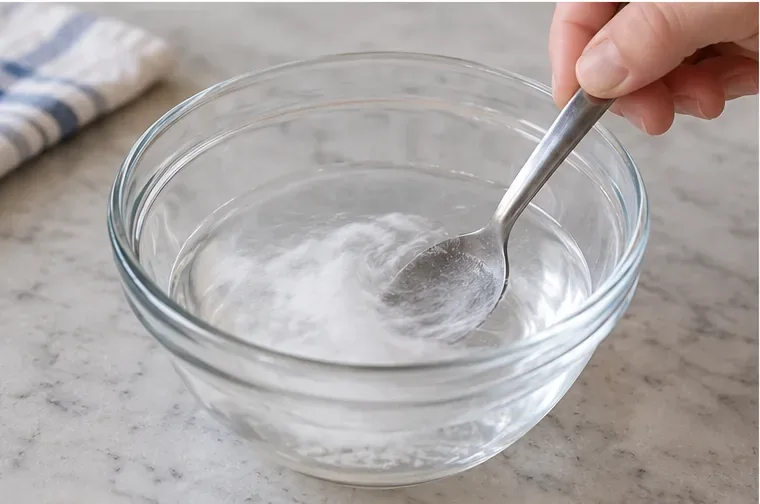 A spoon stirs baking powder into warm water in a clear glass bowl on a kitchen counter.