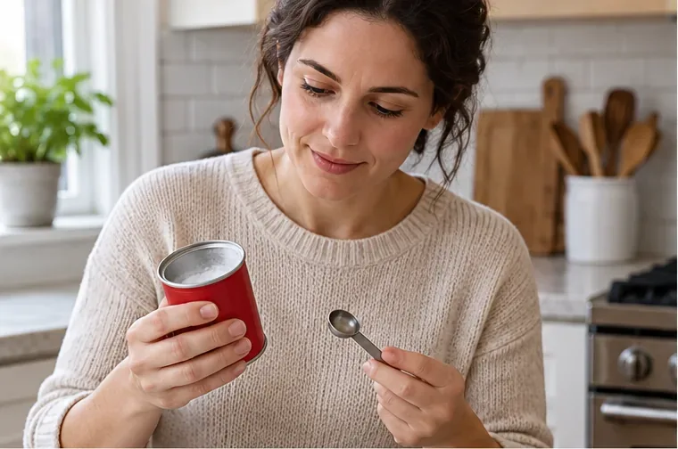 A home baker checks a small baking powder tin and holds a measuring spoon on a dry kitchen counter.