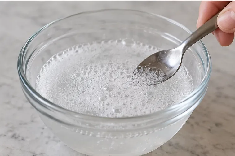 A clear bowl of water and baking powder shows a visible layer of small bubbles and light foam around a spoon.
