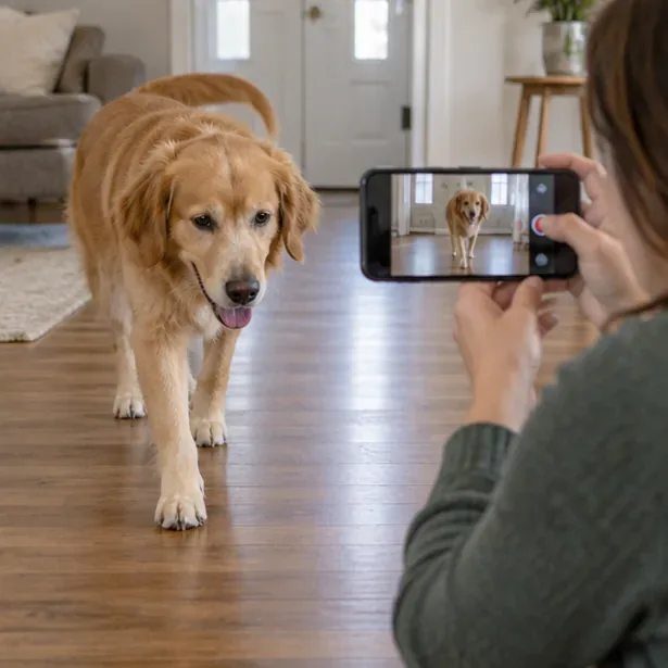 A pet owner records a golden retriever walking across a living room floor with a smartphone camera.
