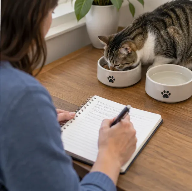 A pet owner writes in a notebook beside a tabby cat eating from a bowl, with a water bowl next to it.