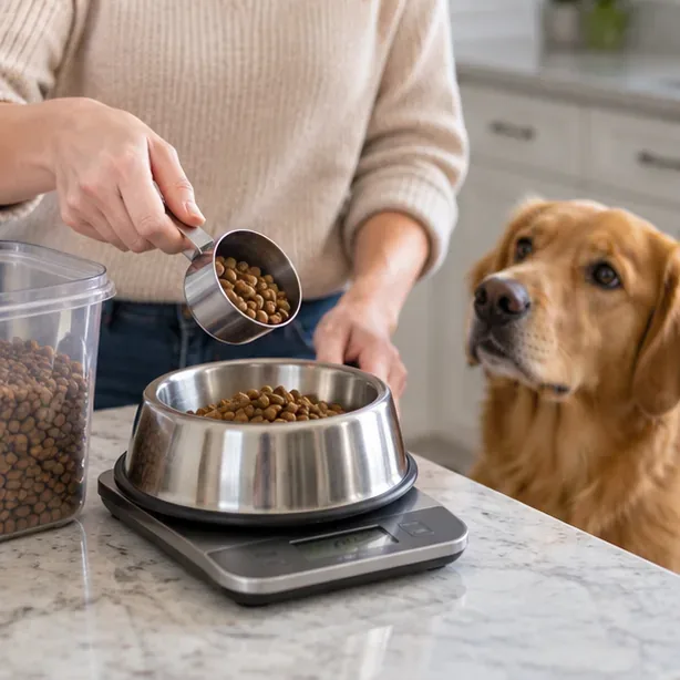 A pet owner measures dry dog food into a metal bowl placed on a kitchen scale while a golden retriever watches nearby.