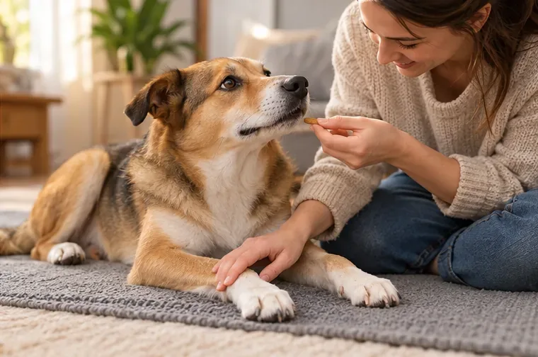 A caregiver gently rests a hand on a relaxed dog’s foreleg while offering a treat.