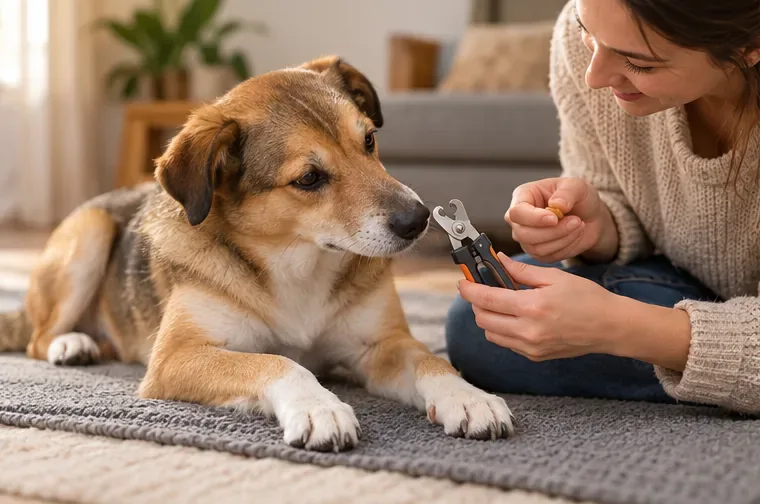 A relaxed dog looks toward closed nail clippers while a caregiver offers a treat without touching the paws.