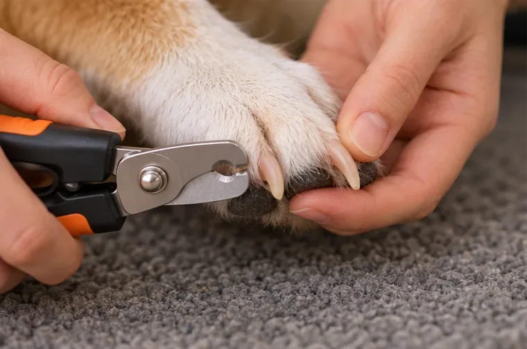 A caregiver supports a dog’s paw and positions pet nail clippers at the very tip of a light-colored nail.