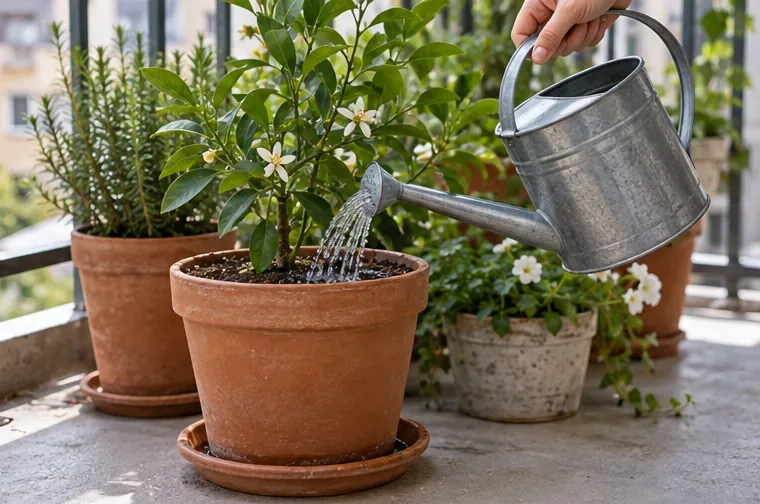A watering can directs water onto the potting mix of a balcony plant above a removable saucer