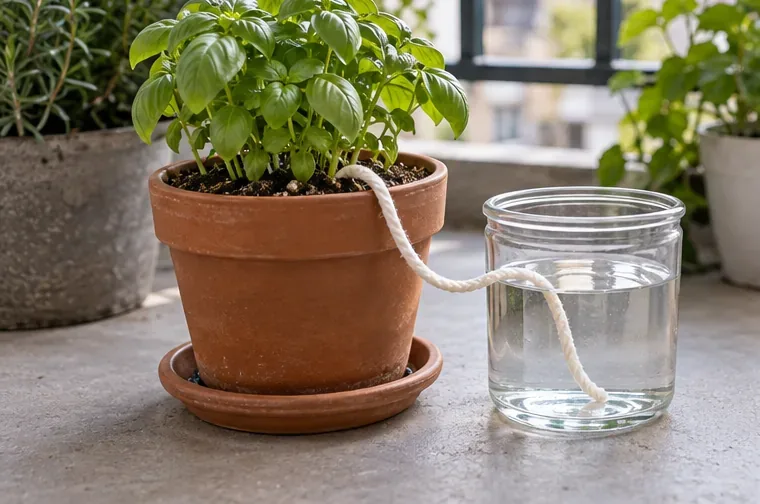 A cotton wick runs from the potting mix of a potted herb into a glass water reservoir