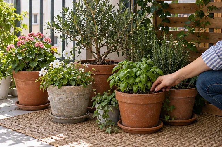 Several balcony pots grouped in a sheltered bright area as a hand checks the soil in a small herb pot