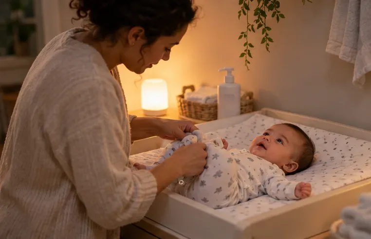 A caregiver changes an awake baby into pajamas in a warmly lit changing area before bedtime.