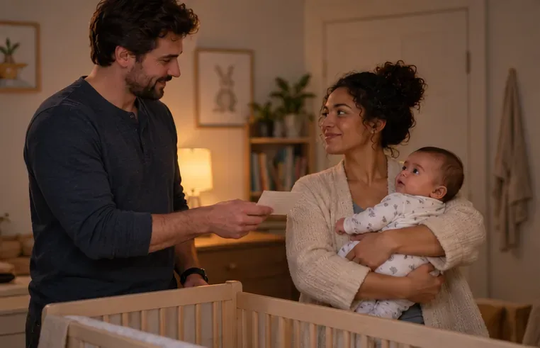 One caregiver shares a small note card with the other while holding their awake baby beside the crib.