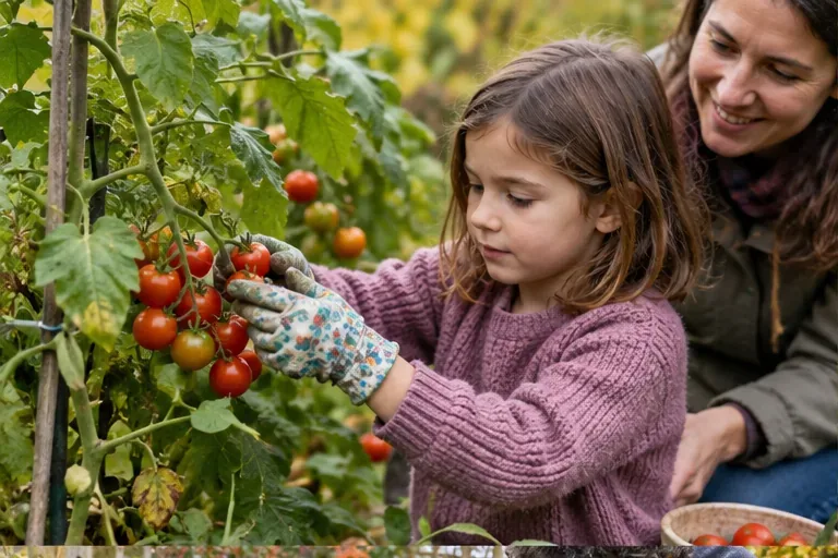 Criança colhe tomates maduros enquanto uma adulta acompanha de perto.