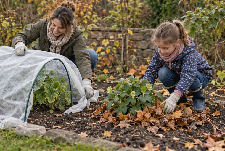 Una persona adulta coloca una manta hortícola blanca sobre arcos bajos para proteger un cultivo; una niña añade hojas junto a otra planta.