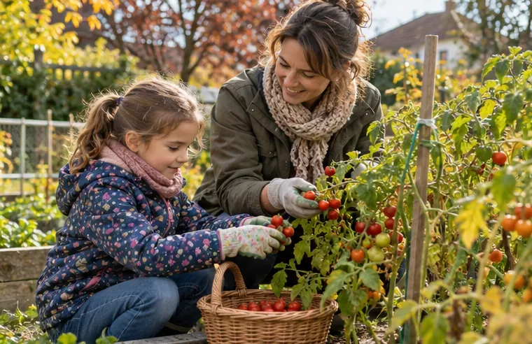Una persona adulta acompaña a una niña que recoge tomates maduros a mano en un huerto doméstico durante el otoño.