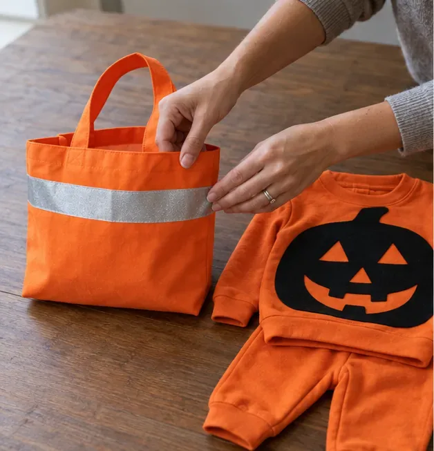 An adult presses a reflective strip onto a bright orange treat bag beside the finished pumpkin outfit