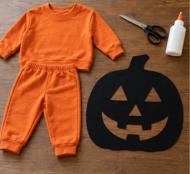 Orange toddler clothes and one large continuous black felt pumpkin panel laid out with adult craft supplies