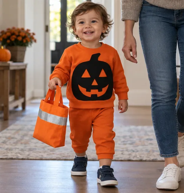A toddler wearing a simple orange pumpkin outfit and sneakers while holding a reflective treat bag beside an adult