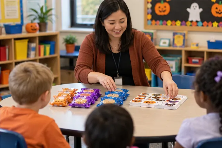 A teacher lays sealed snack packets and Halloween sticker sheets in separate groups on a classroom table.