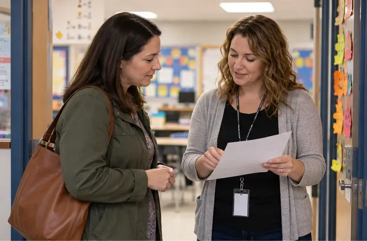 A parent and a teacher discuss a sheet of paper at a classroom doorway.