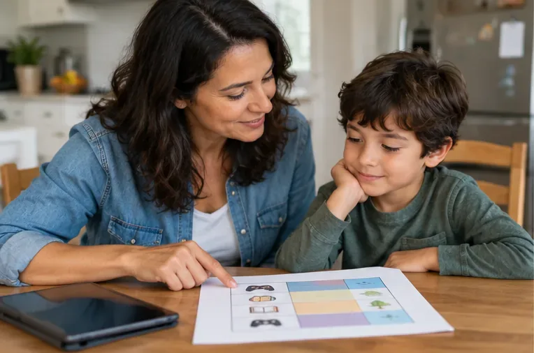A parent and young child sit at a kitchen table looking together at a simple visual routine chart, with a tablet placed off to the side.