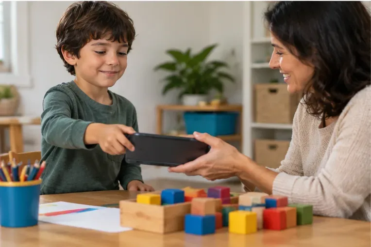 A young child calmly hands a tablet to a parent at a table where blocks, pencils, and paper are ready for the next activity.
