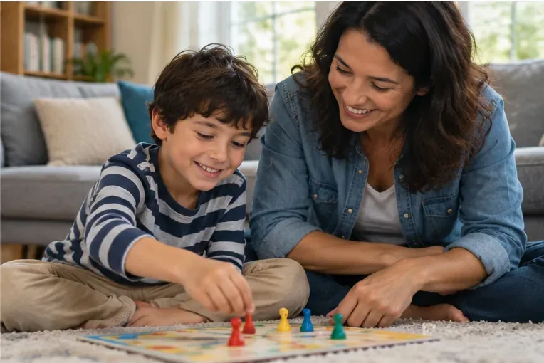 A parent and child smile while playing a colorful board game together on the floor after screen time has ended.