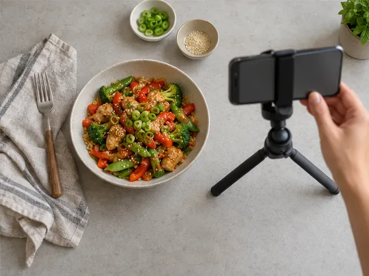 A finished bowl of food sits beside a phone on a tripod, all on a plain kitchen counter.