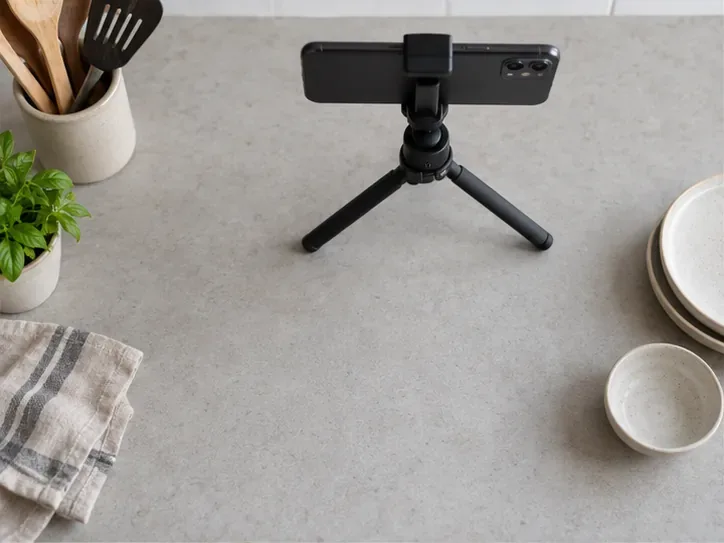 A smartphone on a tabletop tripod points down at a clear kitchen counter with utensils kept outside the main work area.