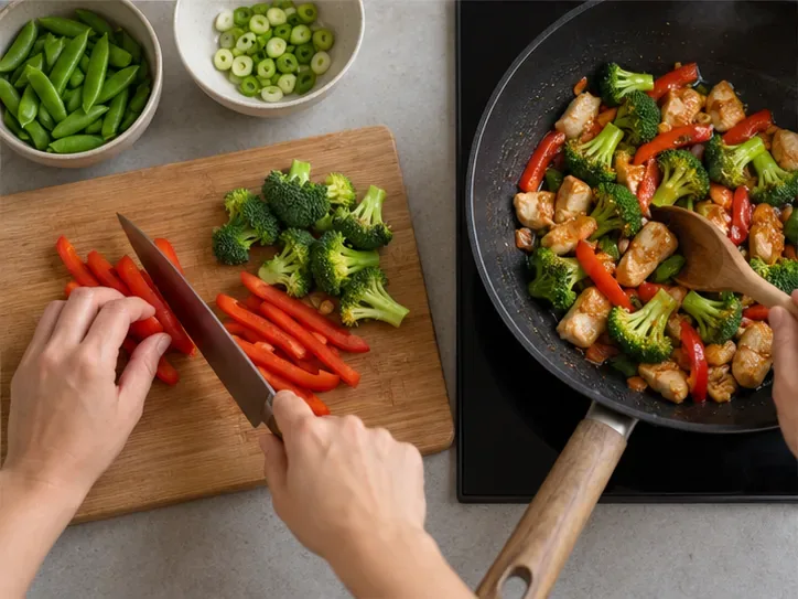 A close overhead view shows hands slicing vegetables beside a pan of cooked vegetables and chicken.
