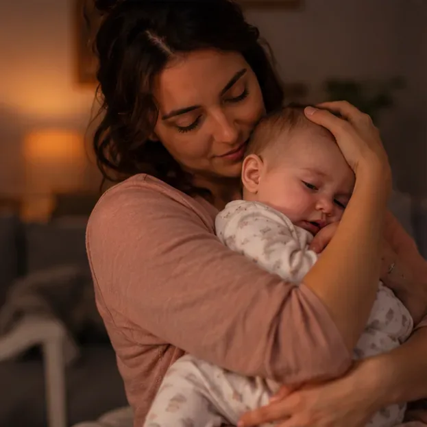 A parent calmly cuddling a sleepy baby in low light after a later-than-usual evening.