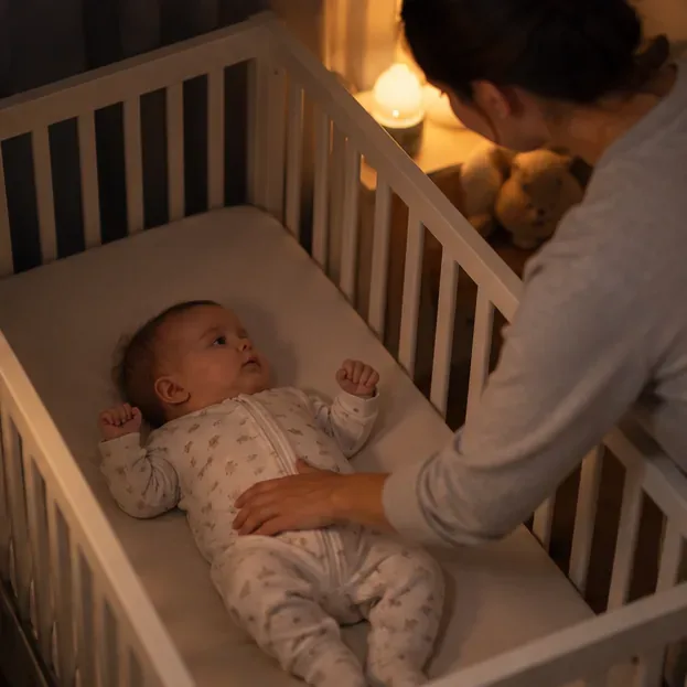 A baby lying on the back in an otherwise empty crib while a parent finishes the bedtime routine.