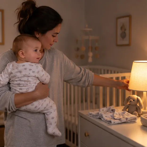 A parent holding a baby while dimming a nursery lamp beside prepared pajamas before a later bedtime.