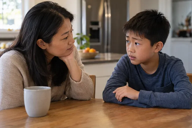 A mother listens at the kitchen table as her worried child talks with her.