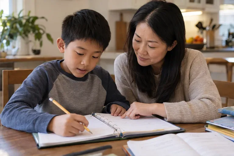 A mother and her child review a school planner and homework together at a table.