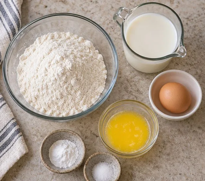 Measured flour, milk, an egg, melted butter, and small bowls of baking powder and salt arranged beside mixing bowls.