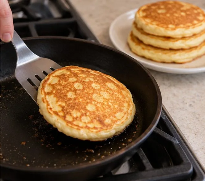 A thin spatula turns a golden pancake in a skillet, with a small stack of cooked pancakes on a plate nearby.
