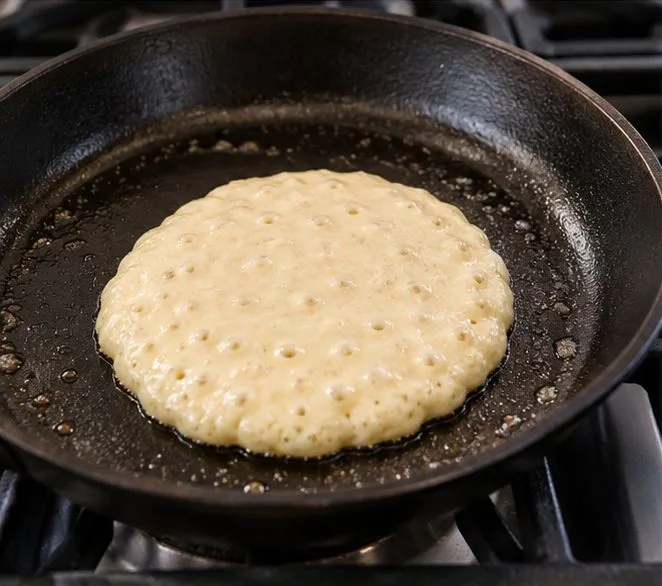 A pancake cooks in a lightly greased skillet, with small bubbles appearing across the top and the edges beginning to set.