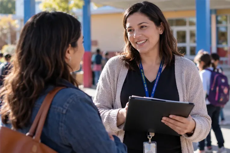 A parent speaking with a school staff member outside a school while the staff member holds a tablet