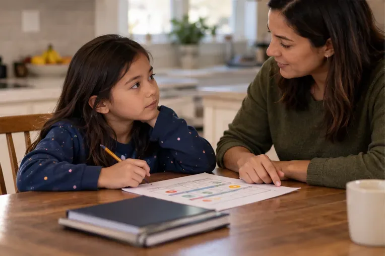 A parent and school-age child looking together at a simple paper routine and notes at a kitchen table