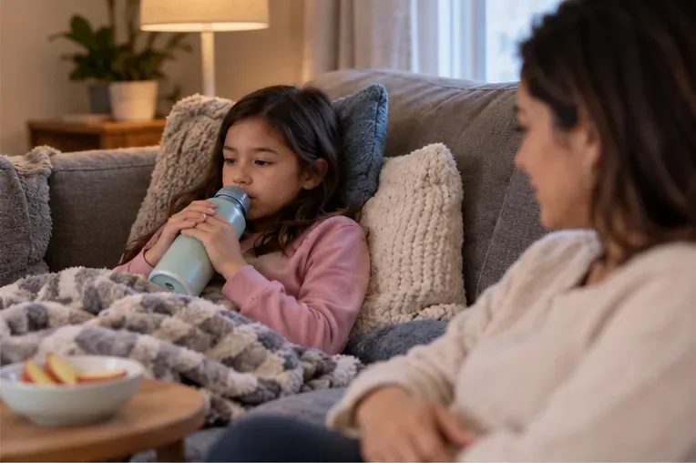 A school-age child resting on a couch with a drink and snack while a parent sits nearby quietly