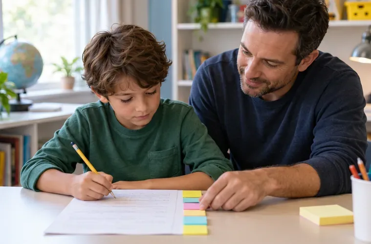 A child works at a table while a parent points to blank colored tabs dividing the page into smaller sections.