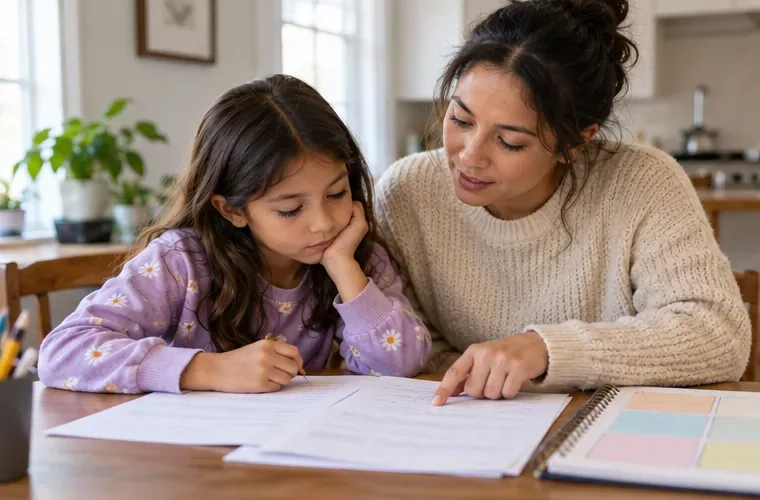 A parent points to a homework page while a school-age child reviews the directions beside a planner.