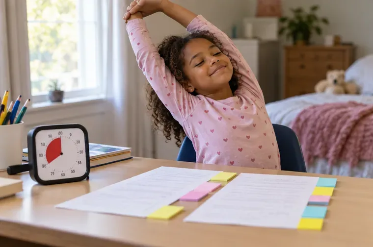 A child stretches beside a homework table where a small timer and partly completed pages are visible.