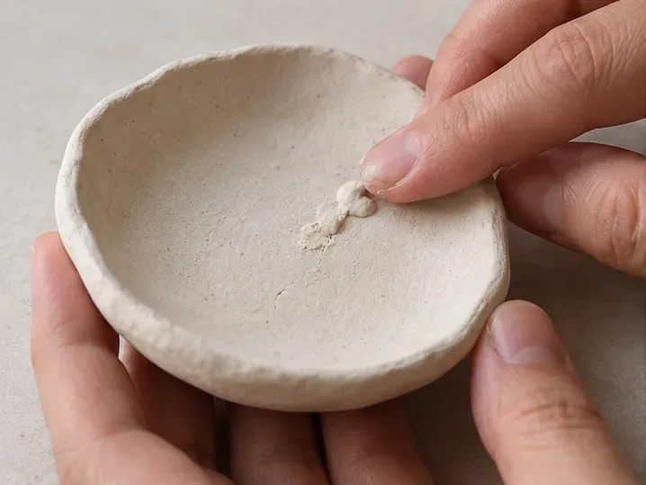 A fingertip presses a small piece of fresh pale clay into a crack in a handmade dish.