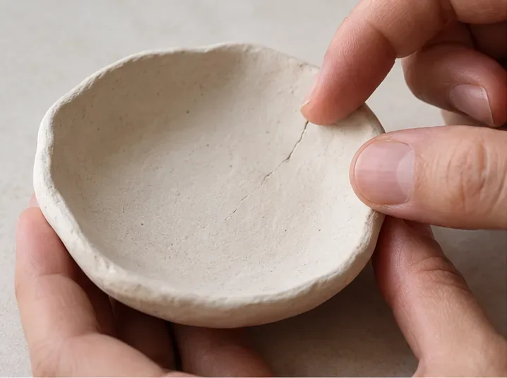 Fingers gently examine a thin crack across the inside of a small off-white air-dry clay dish.