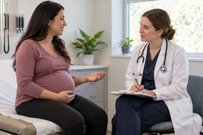 A pregnant adult talks with a clinician in a bright exam room while the clinician listens and takes notes