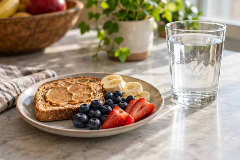 A small plate with toast, berries, and sliced fruit sits beside a glass of water
