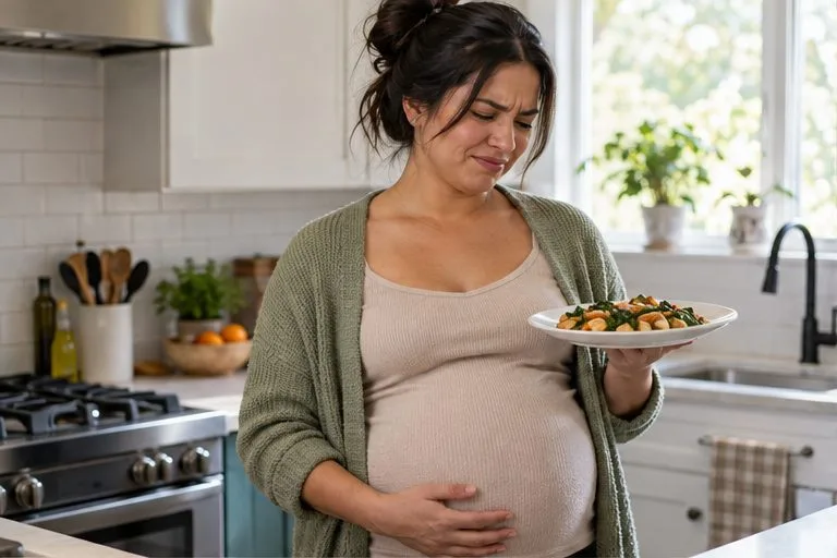 A pregnant adult holds a plate of food in a kitchen and looks uncomfortable with the meal